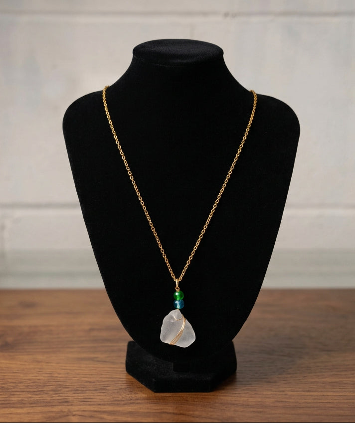 Clear Sea Glass & Gold Necklace