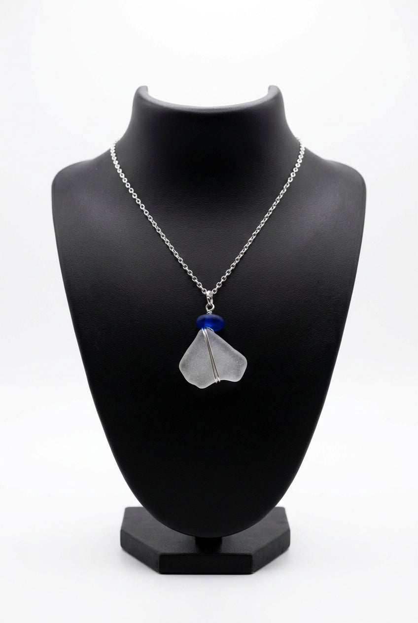Clear Seaglass & Beaded Wire Wrap Necklace