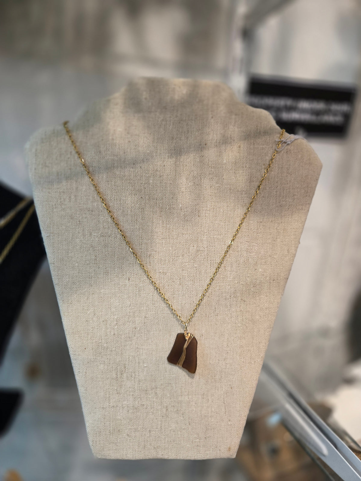 Brown Seaglass & Gold Wrap Necklace