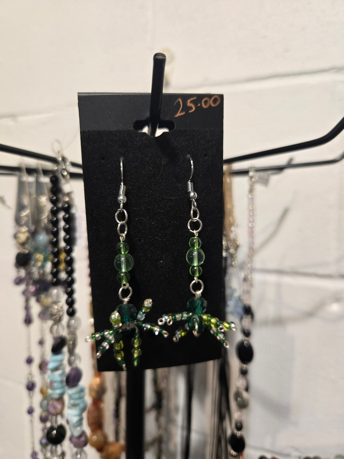 Green  & Silver Spider Earrings