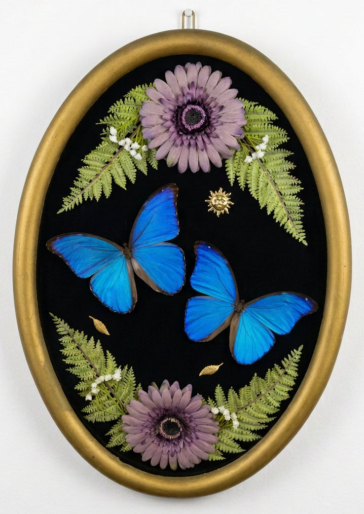 Convex Frame with Twin Blue Morpho & Floral