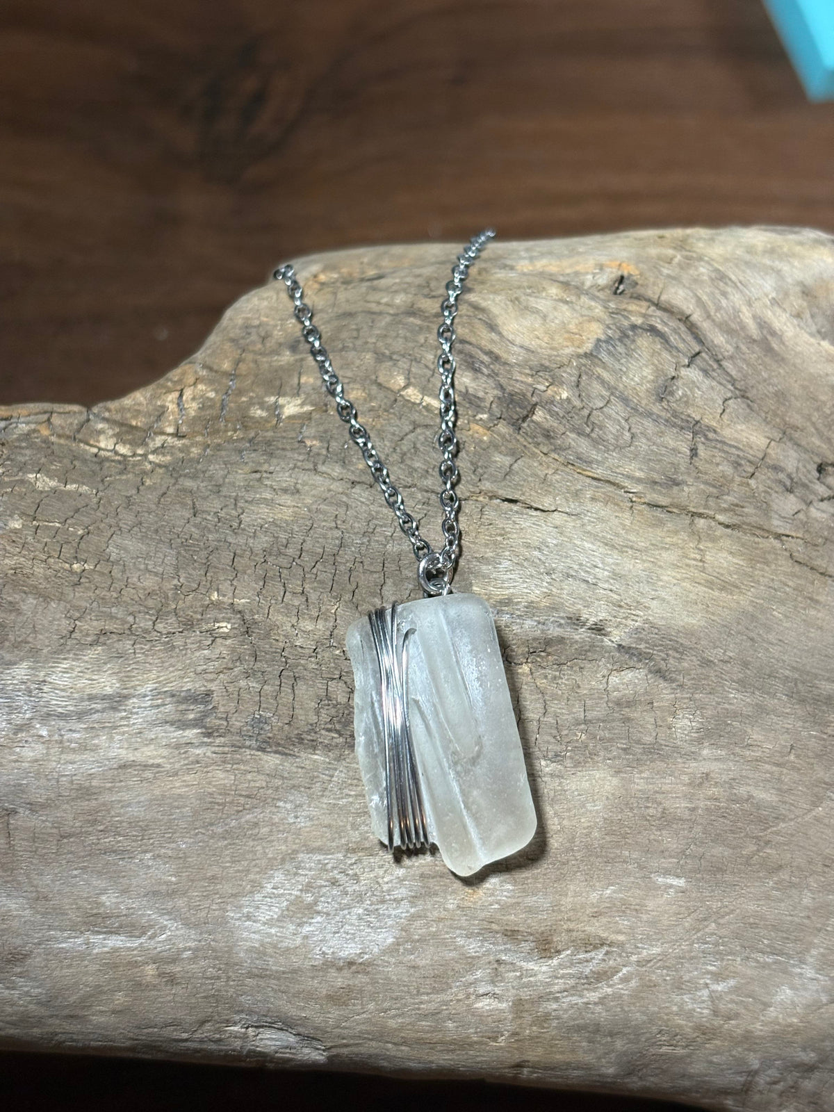 Silver & White Seaglass Wirewrap Necklace