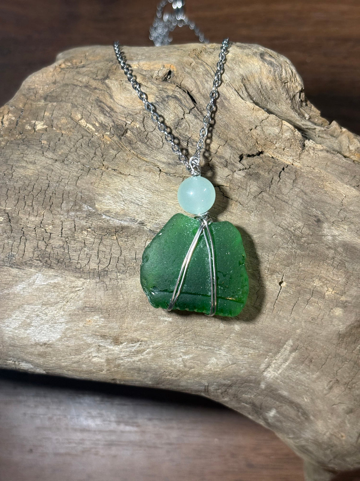 Iridescent & Green Seaglass Wirewrap Necklace